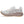 Medial side of a white running shoe with a beige sole on a white background.