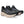 Black running shoes with beige soles on a white background
