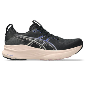 This Women's Gel-Kayano 32 has a black upper with black shoe laces and a light blue ASICS logo outline.