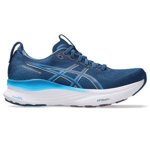 This Kayano 32 has a deep blue upper and a white midsole. 