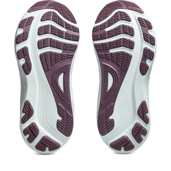 Grey and purple ASICS running shoe with white sole on a white background