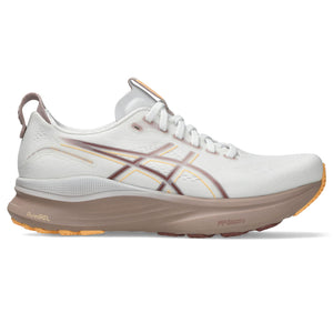 Off white ASICS running shoe with brown accents on a white background