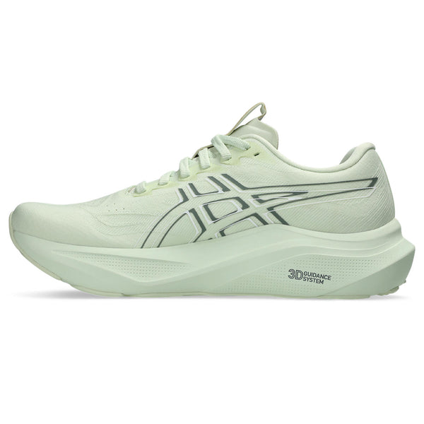 Light green women's ASICS running shoe with '3D Support System' text on a white background.