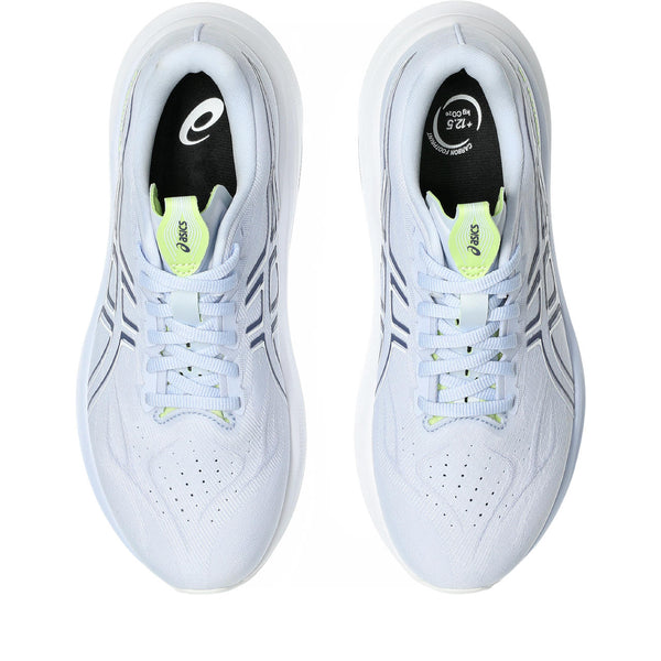 A pair of ASICS stability running shoes with a light blue/purple upper and a neon green tongue tab.