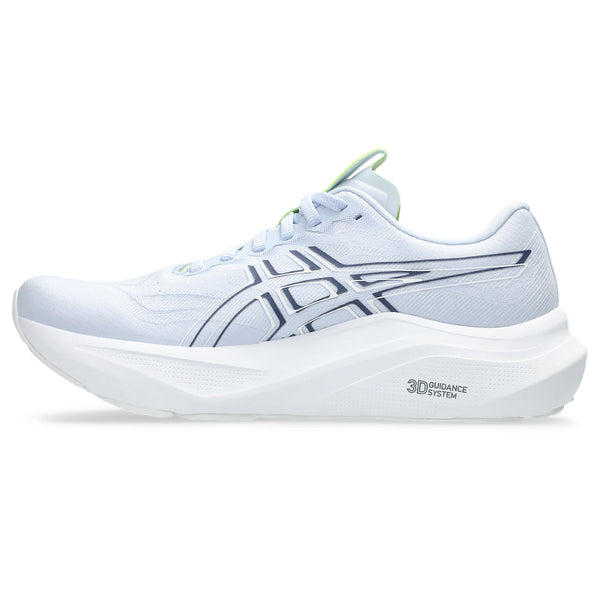 White running shoe with gray accents on a white background