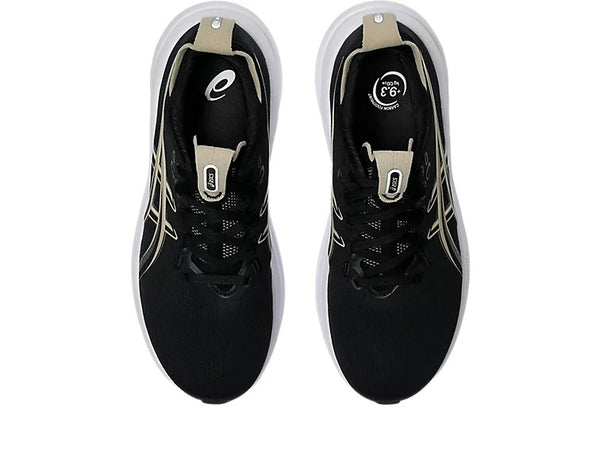 Black running shoes with white sole on a white background