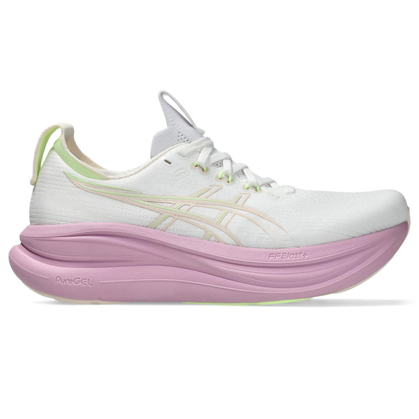 White ASICS women's running shoe with pink sole on a white background