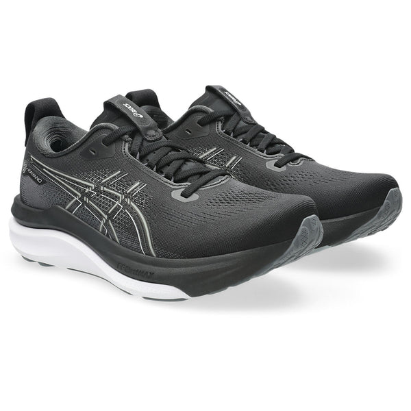 A grey and black ASICS logo is in the middle of the upper on both sides. 