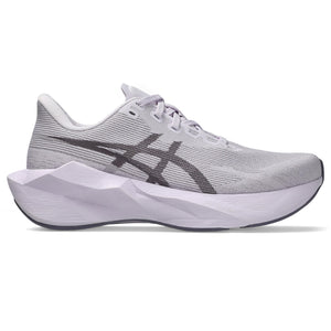 Gray running shoe with black logo on a white background