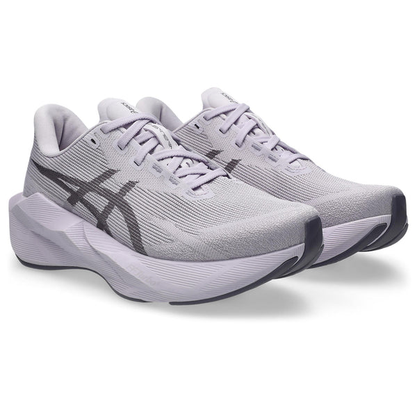Gray running shoe with black logo on a white background