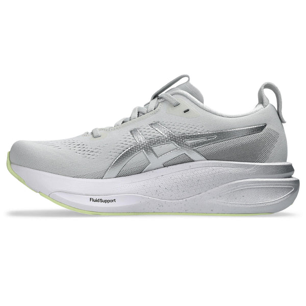 The heel of the midsole is also metallic silver