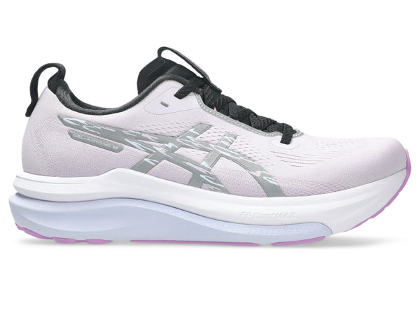 A white and pink running shoe for women from ASICS.
