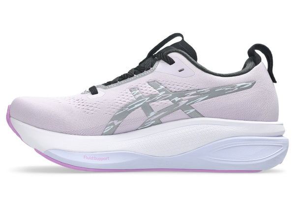 The medial side of a ASICS running shoe with a two tone midsole.