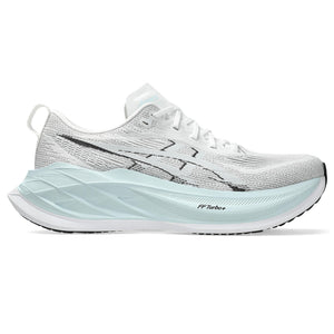 A pair of white Asics running shoes with blue accents.