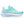 Turquoise running shoe with white sole on a white background