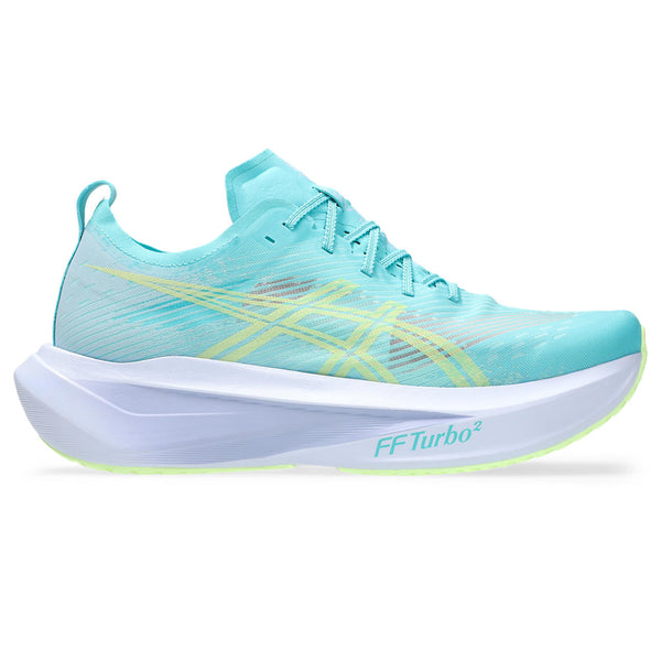 Turquoise running shoe with white sole on a white background