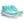 Turquoise running shoes with white soles on a white background