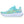 Turquoise running shoe with white sole on a white background