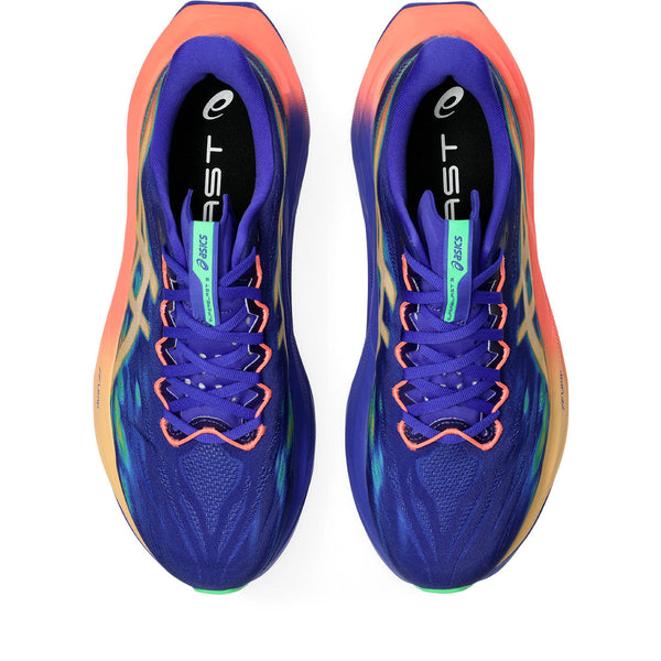 Blue and orange running shoes with a white background.