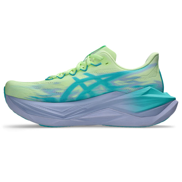 Light blue and green running shoe on a white background