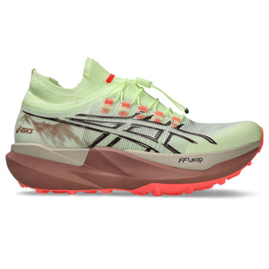 This shoe has a lime green upper and a mauve midsole