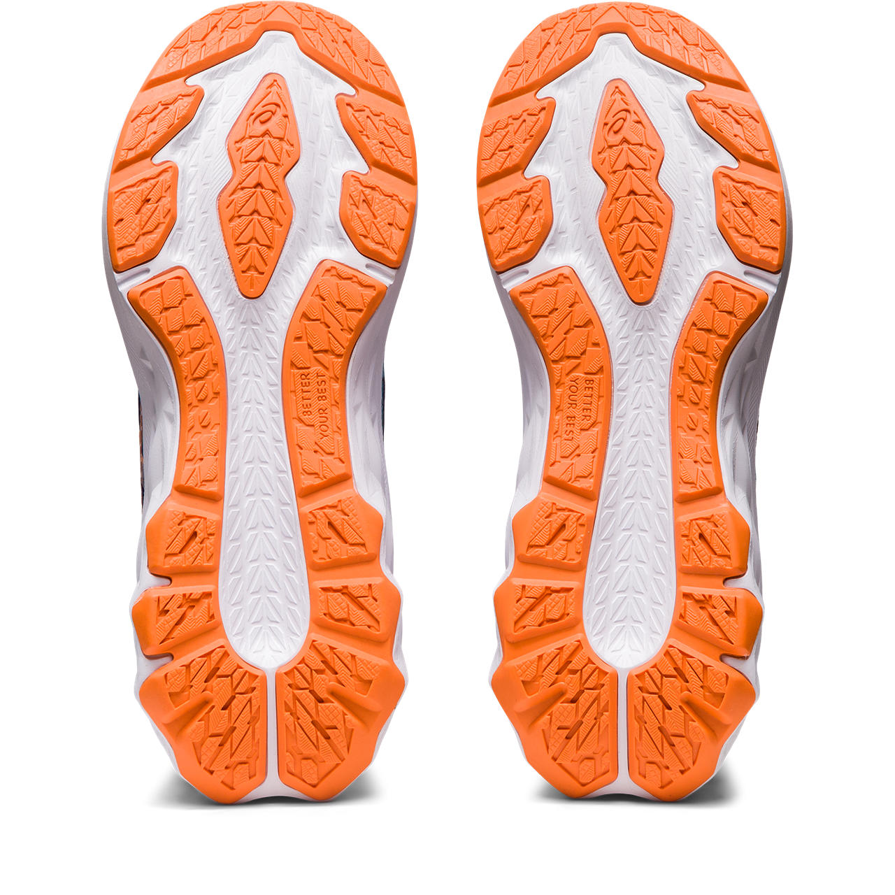 The outsole of the Kid's Novablast has orange rubber for durabiulity on top of a white midsole that provides lots of cushion