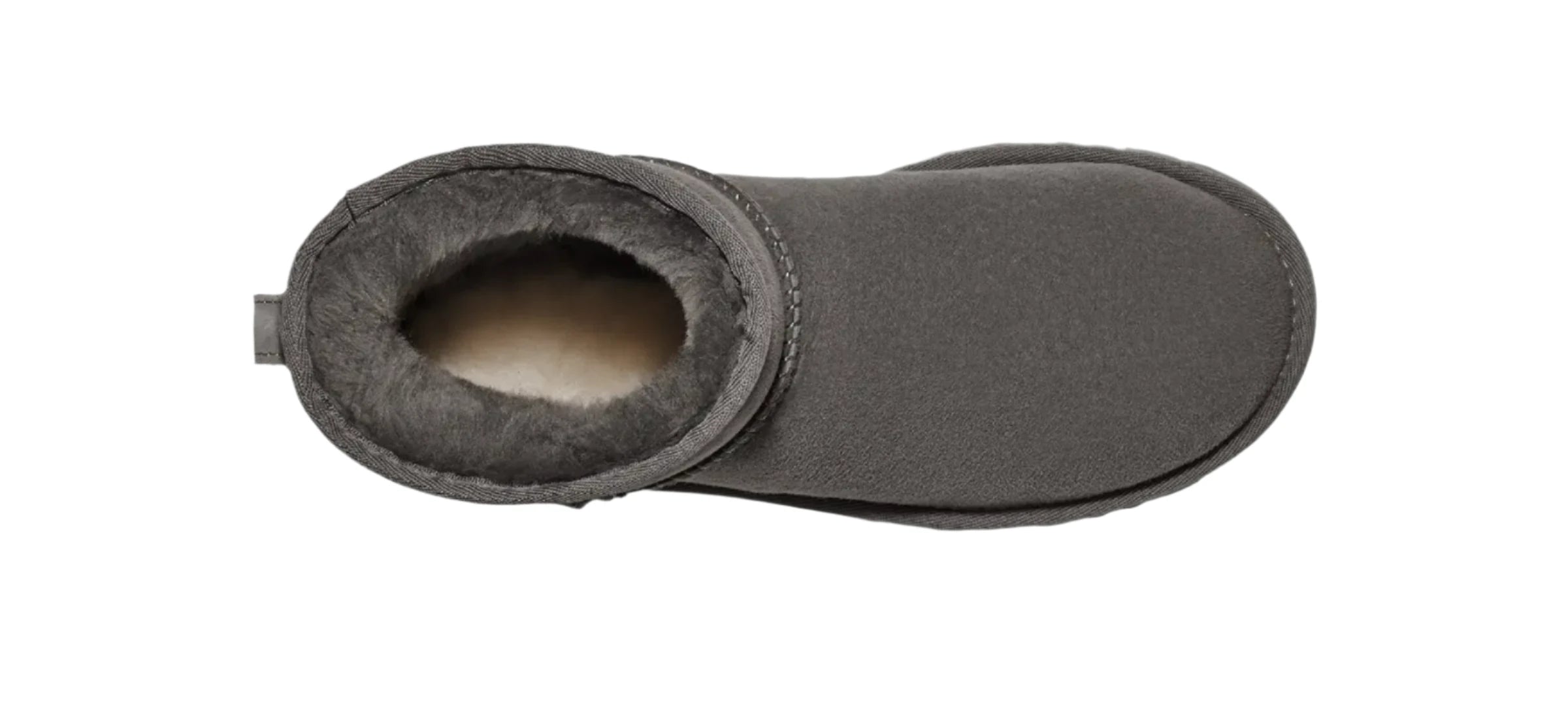 The top down view of the Ugg Classic mini in grey shows alkl the gret soft material inside this comfy boot