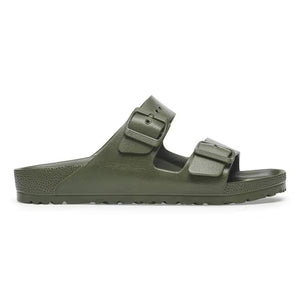 This Arizona Birkenstock sandal has a monochromatic look with a army green upper and midsole. 