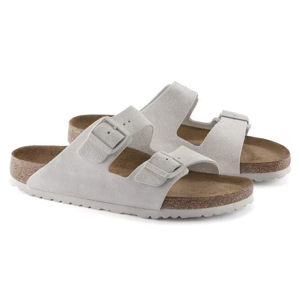 The suede upper of this Arizona is grey with grey buckles. 