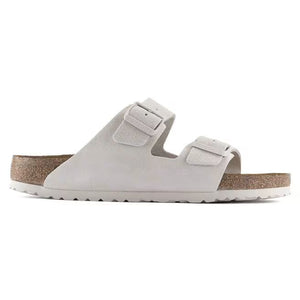This Arizona Birkenstock sandal has a suede upper and a cork midsole. 