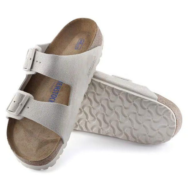 The outsole of this shoe is grey and has a geometric pattern. Birkenstock is stamped into the suede upper on the medial side. 