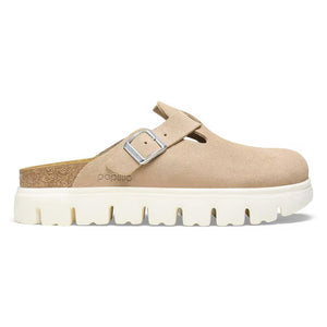 This Boston clog has a suede upper, a cork midsole, and a platform EVA outsole.