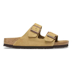 This Arizona Birkenstock sandal has a suede upper and a cork midsole. 