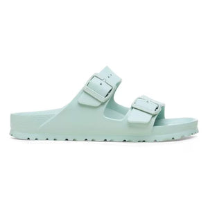 This Arizona Birkenstock sandal has a monochromatic look with a seafoam green upper and midsole. 