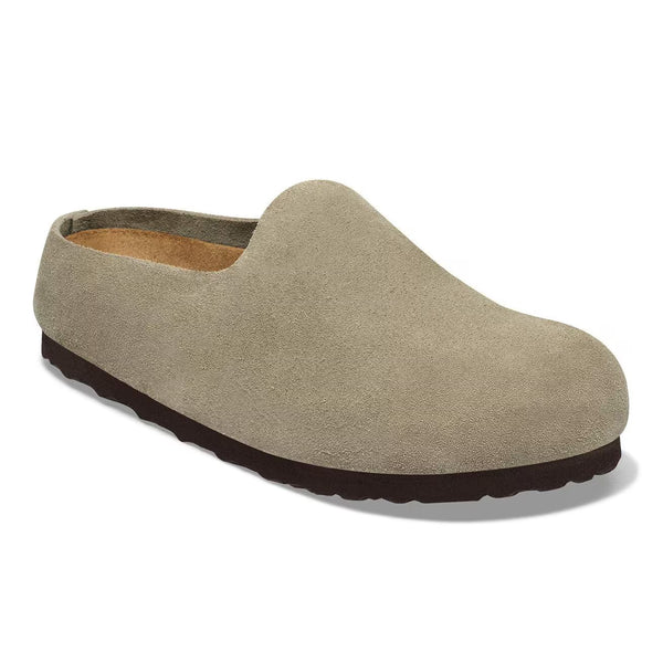 Taupe suede clog on a white background