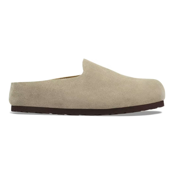 Taupe suede clog on a white background
