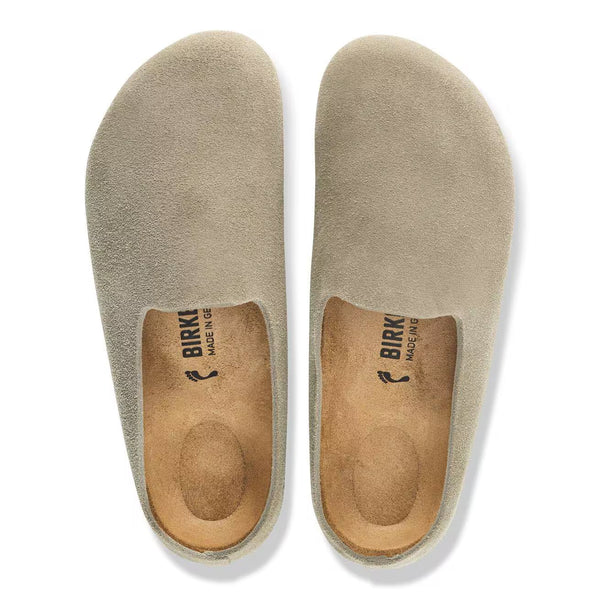 Taupe suede clog on a white background