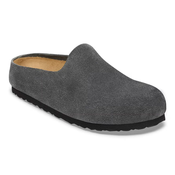 Charcoal grey suede clog on a white background