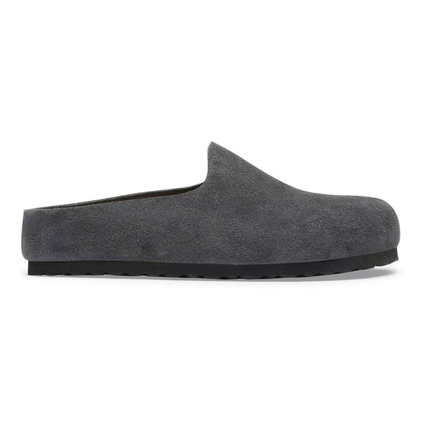 Charcoal grey suede clog on a white background