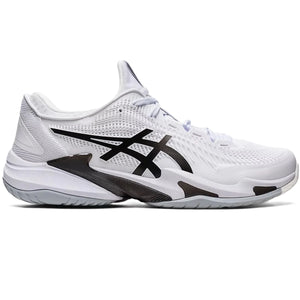 The lateral side of a Men's ASICS tennis shoe that is all white with a black logo.