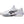 White athletic shoe with black logo on a white background