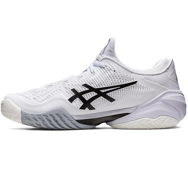White athletic shoe with black logo on a white background