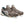 Pair of brown drauble tennis shoes with white logo on a white background.