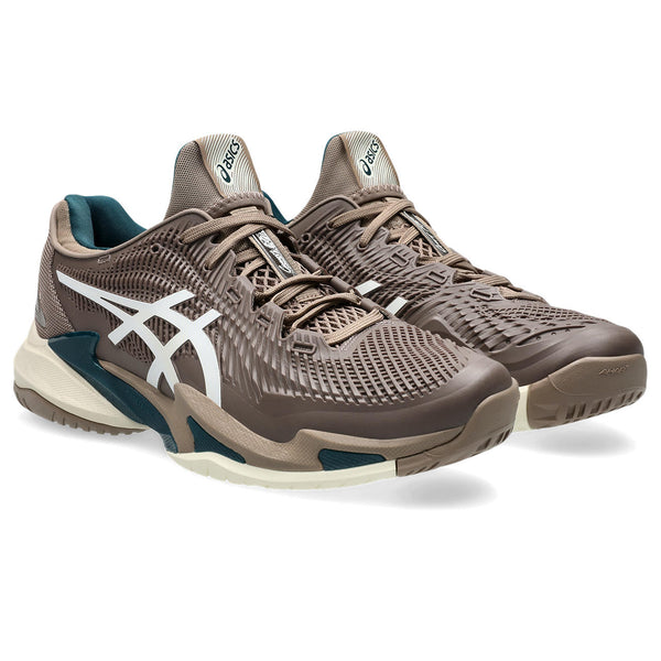 Pair of brown drauble tennis shoes with white logo on a white background.