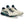 A pair of white and navy running shoes with green accents on a white background