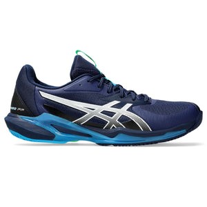 This ASICS tennis shoes has a white logo and the rest is a shade of Blue.