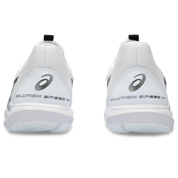The heel area of these tennis shoes have the words Solution Speed FF, written on the heel.