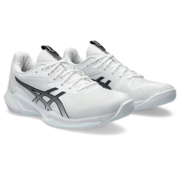 A pair of ASICS Tennis shoes that have an all white 