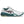 A white Asics athletic shoe with a dark teal midsole and heel, a dark burgundy logo on the side, and a light beige lace, shown against a plain white background.