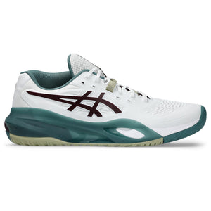 A white Asics athletic shoe with a dark teal midsole and heel, a dark burgundy logo on the side, and a light beige lace, shown against a plain white background.